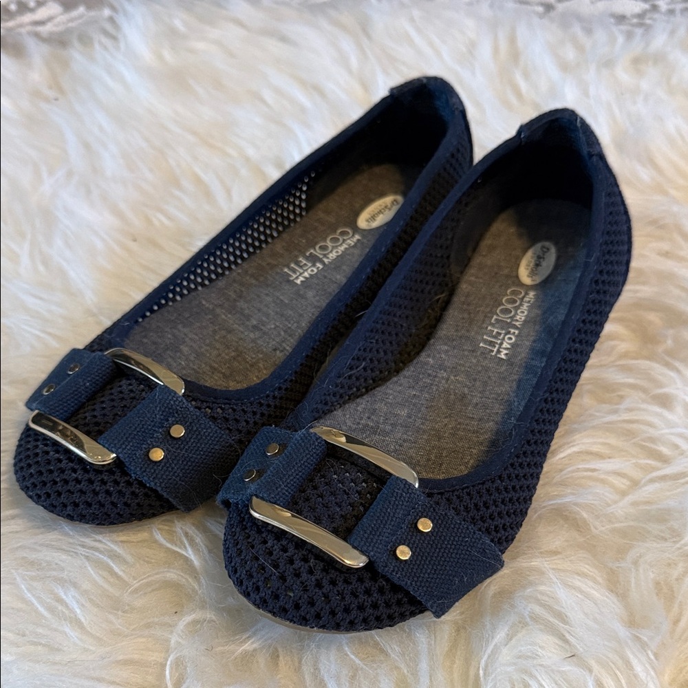 Dr. Scholl's Navy Knit Ballet Flats with Silver Buckle